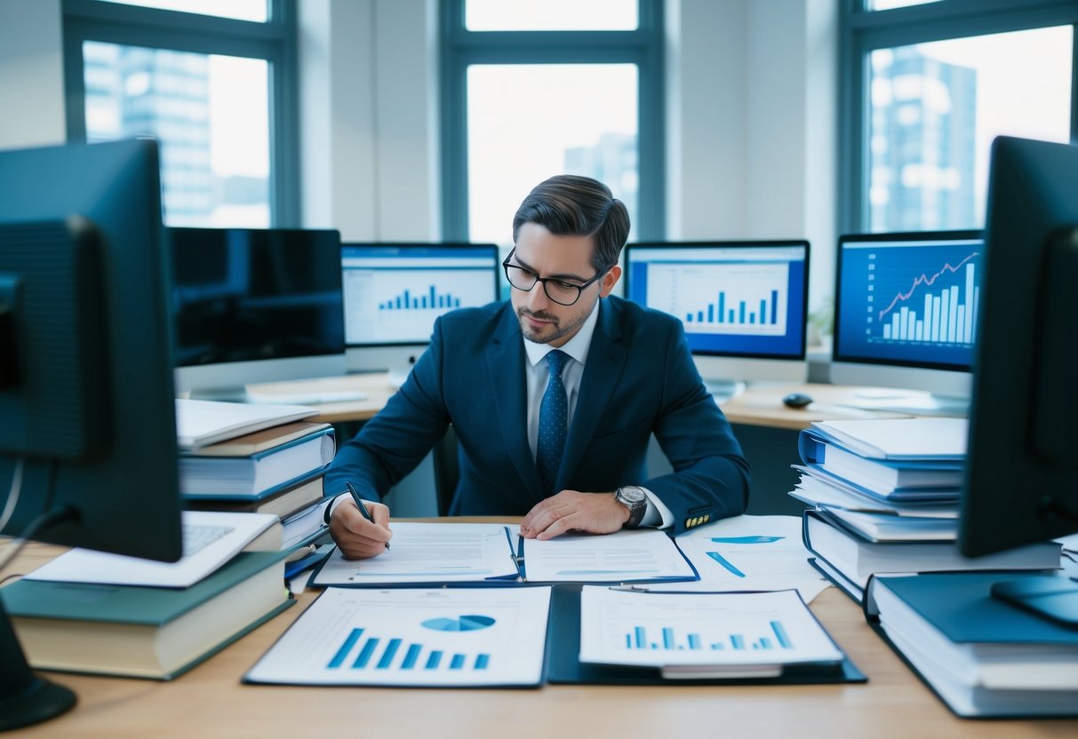 A commercial real estate appraiser studying documents and charts, surrounded by reference books and computer screens in a quiet office space