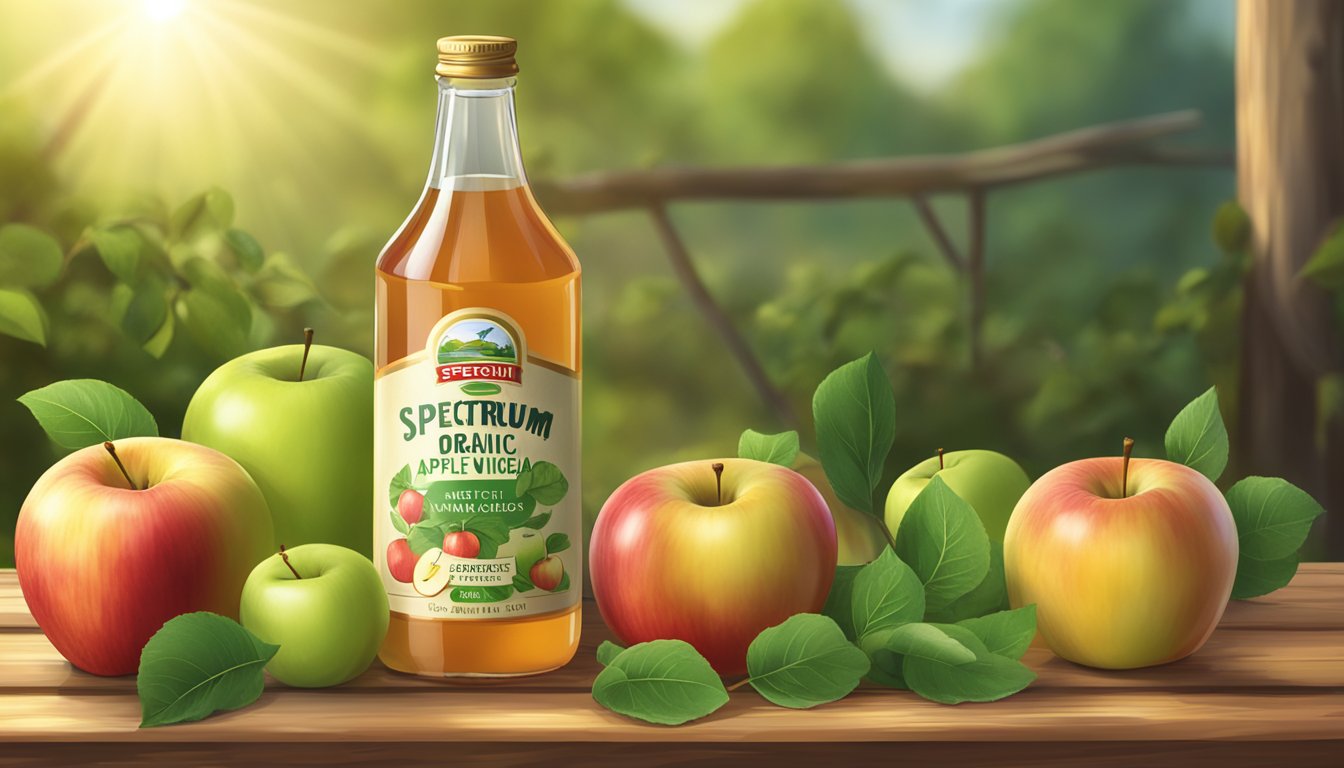 A glass bottle of Spectrum Organic Apple Cider Vinegar sits on a rustic wooden table, surrounded by fresh, ripe apples and green apple leaves. A soft, warm light bathes the scene