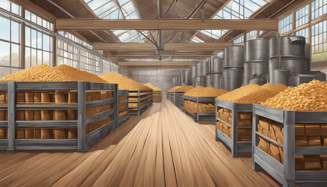 A vintage Guittard Chocolate Company factory with bags of premium baking chips stacked on wooden pallets