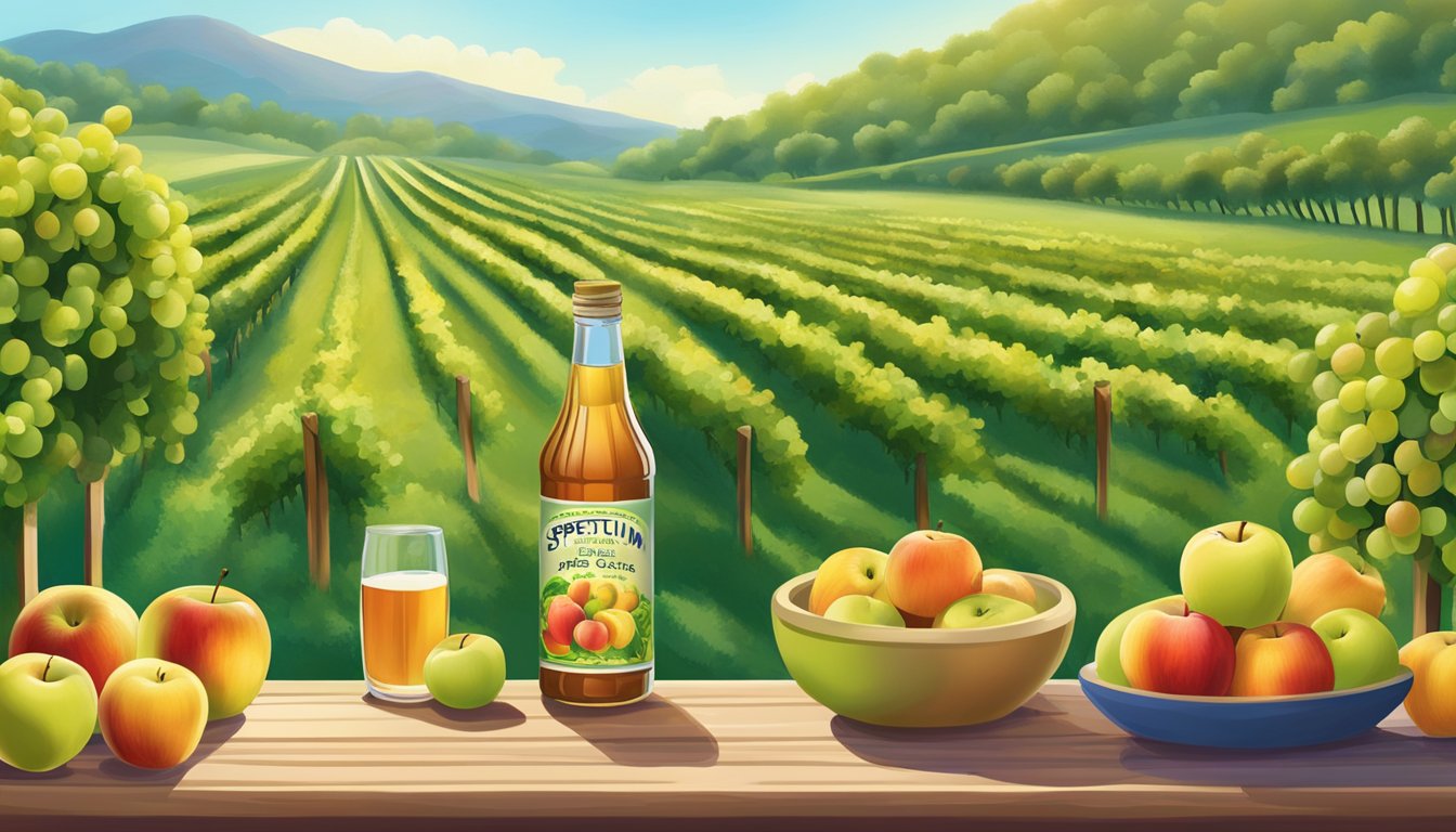 A bottle of Spectrum Organic Apple Cider Vinegar surrounded by fresh apples, grapes, and other fruits, with a background of lush green vineyards and a clear blue sky