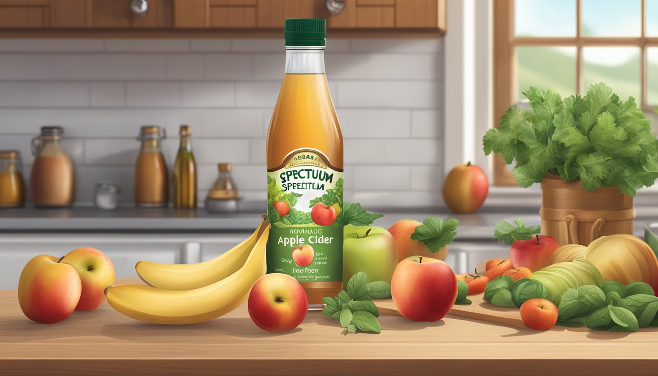 A bottle of Spectrum Organic Apple Cider Vinegar sits on a wooden kitchen counter, surrounded by fresh fruits and vegetables. A measuring spoon and a small dish of herbs are nearby