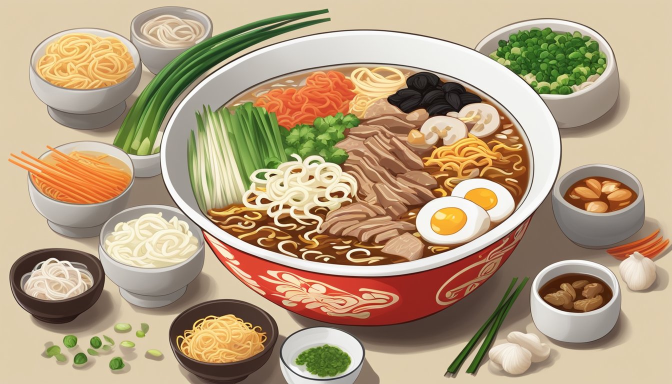 A steaming bowl of Nongshim Shin Ramyun noodle soup surrounded by a variety of fresh ingredients such as sliced beef, mushrooms, and green onions