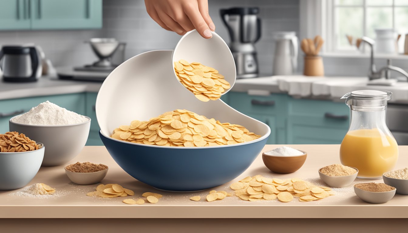 A bowl of Guittard premium baking chips being poured into a mixing bowl surrounded by ingredients like flour and sugar on a clean kitchen counter