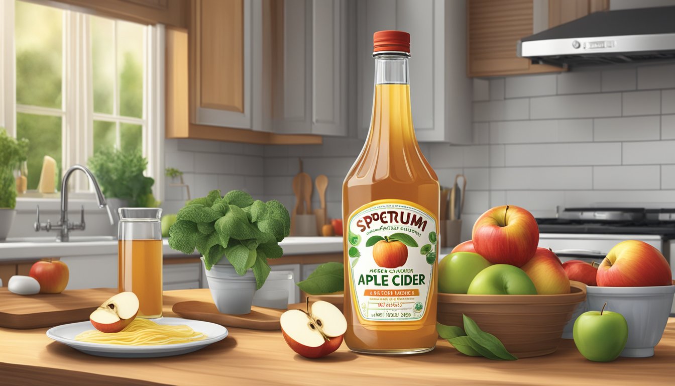 A bottle of Spectrum Organic Apple Cider Vinegar sits on a kitchen counter surrounded by fresh produce and cooking utensils