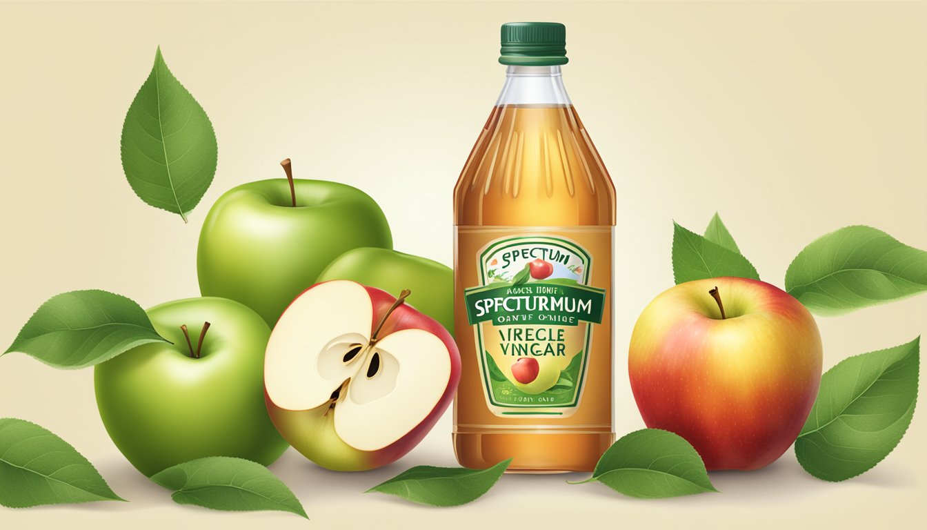 A bottle of Spectrum Organic Apple Cider Vinegar surrounded by fresh, ripe apples and green apple leaves