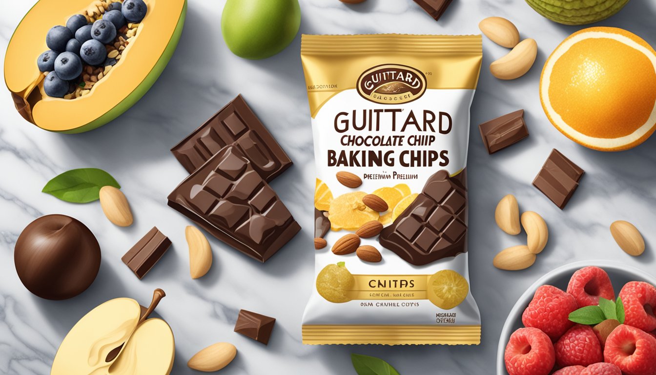 A bag of Guittard chocolate premium baking chips surrounded by fresh fruits and nuts on a marble countertop