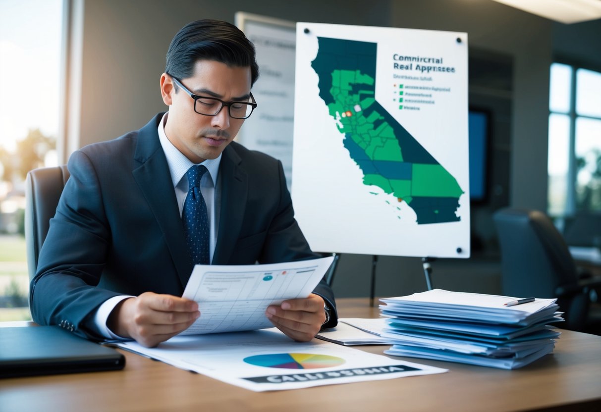 A commercial real estate appraiser studying educational and experience criteria documents, with a map of California and a stack of paperwork on the desk