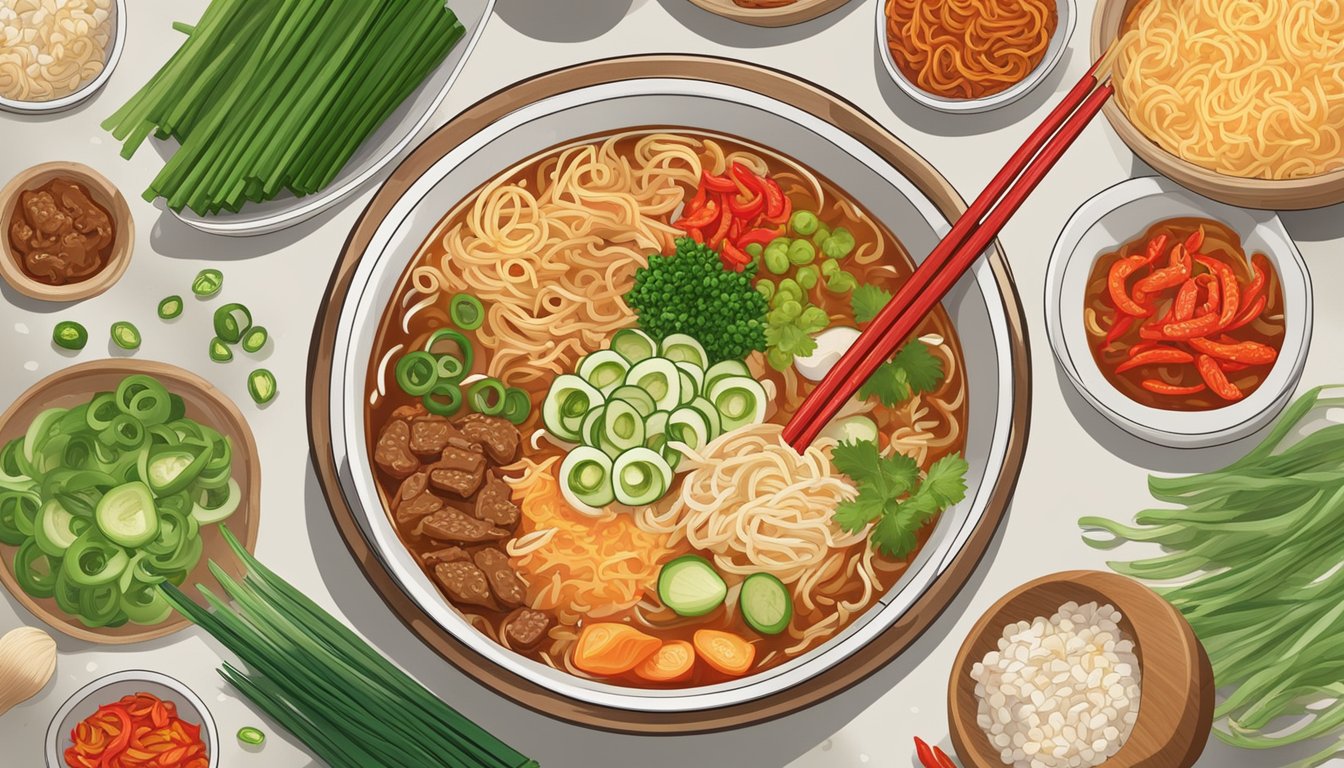 A steaming bowl of nongshim shin ramyun noodle soup surrounded by scattered key ingredients like chili peppers, green onions, and slices of beef