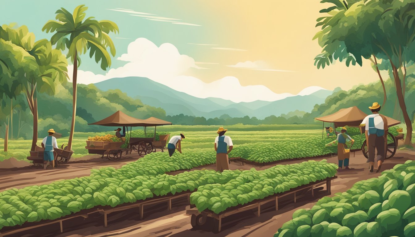 A lush cacao farm with workers tending to the trees, while a river nearby supports the sustainable and ethical sourcing of Guittard Chocolate premium baking chips