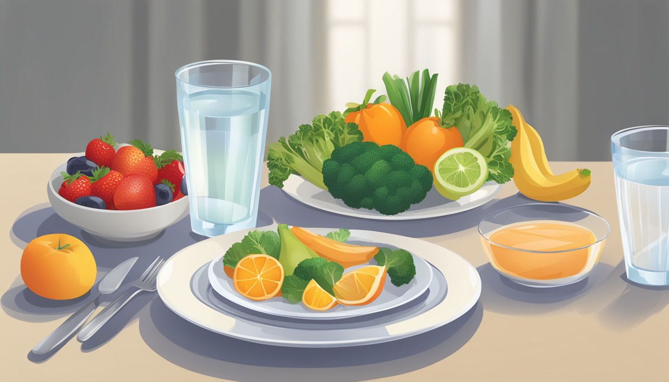 A table set with a small portion of lean protein, fruits, and vegetables, surrounded by an empty plate and glass of water