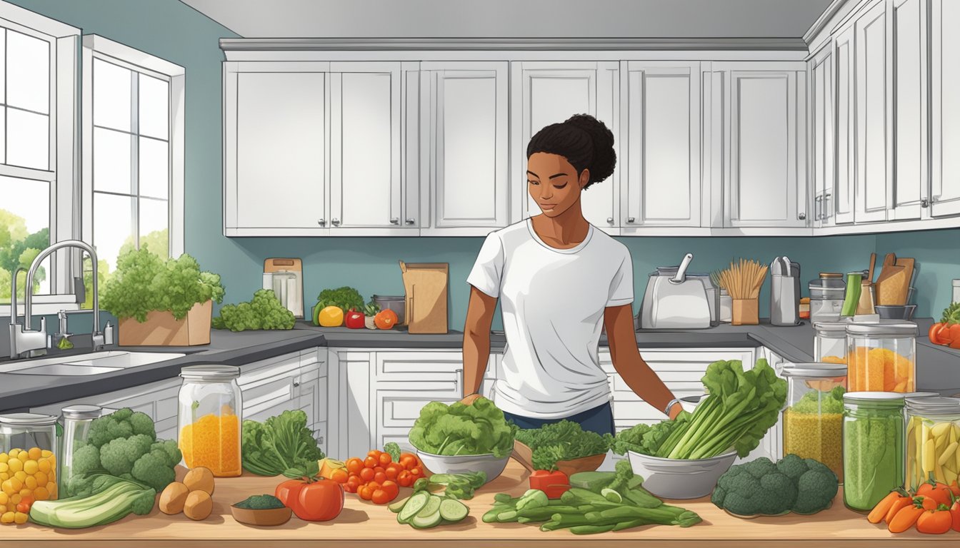 A busy professional standing in a modern kitchen, organizing and prepping a variety of fresh, colorful ingredients for the Warrior Diet