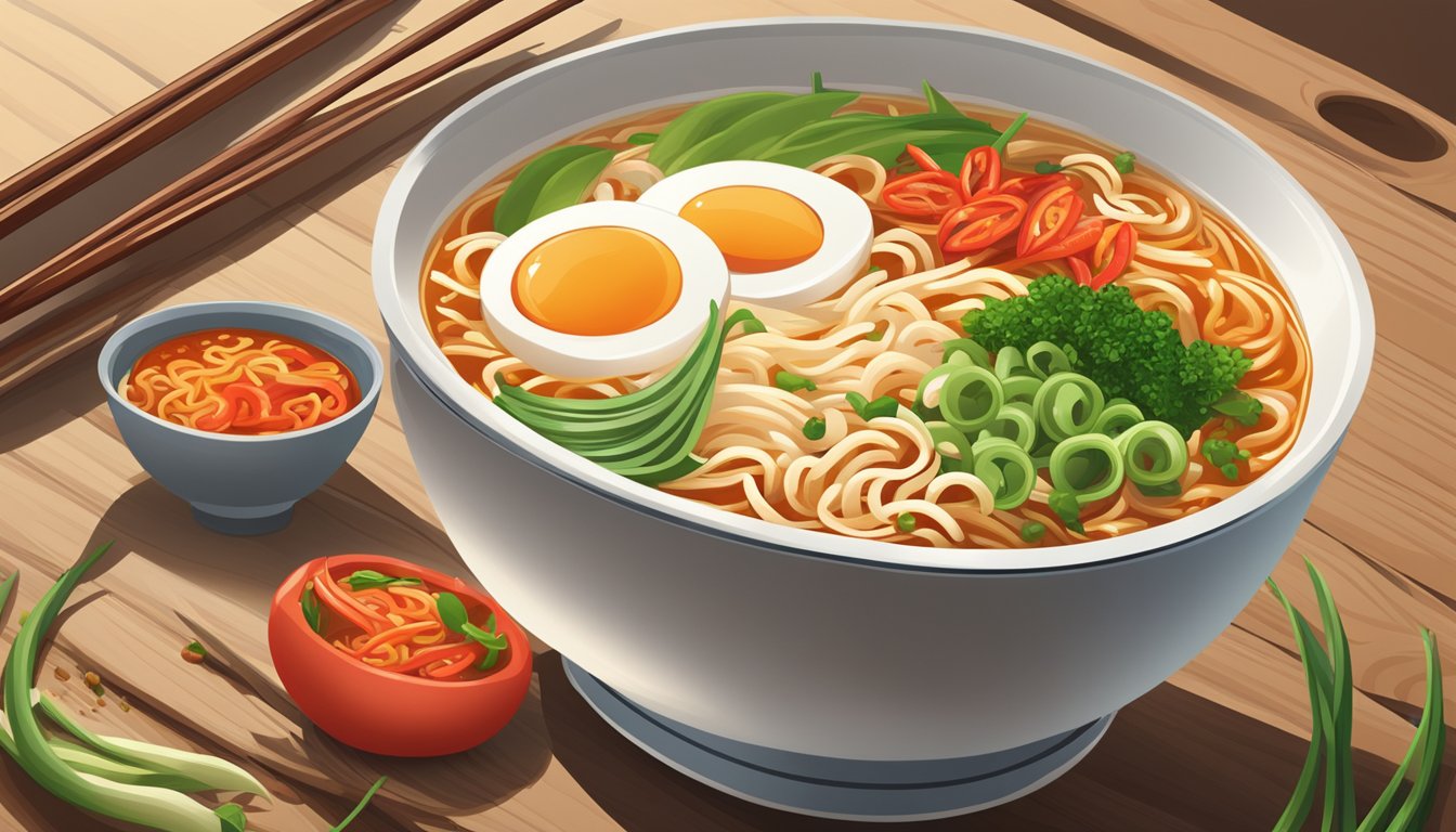 A steaming bowl of nongshim shin ramyun noodle soup surrounded by chili peppers and green onions on a wooden table