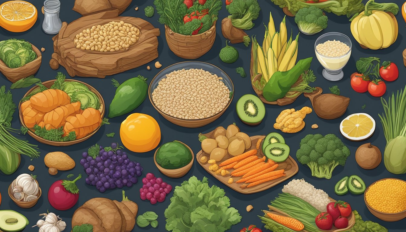 A table filled with a variety of nutritious foods, including fruits, vegetables, whole grains, and lean proteins, surrounded by mythological warrior symbols