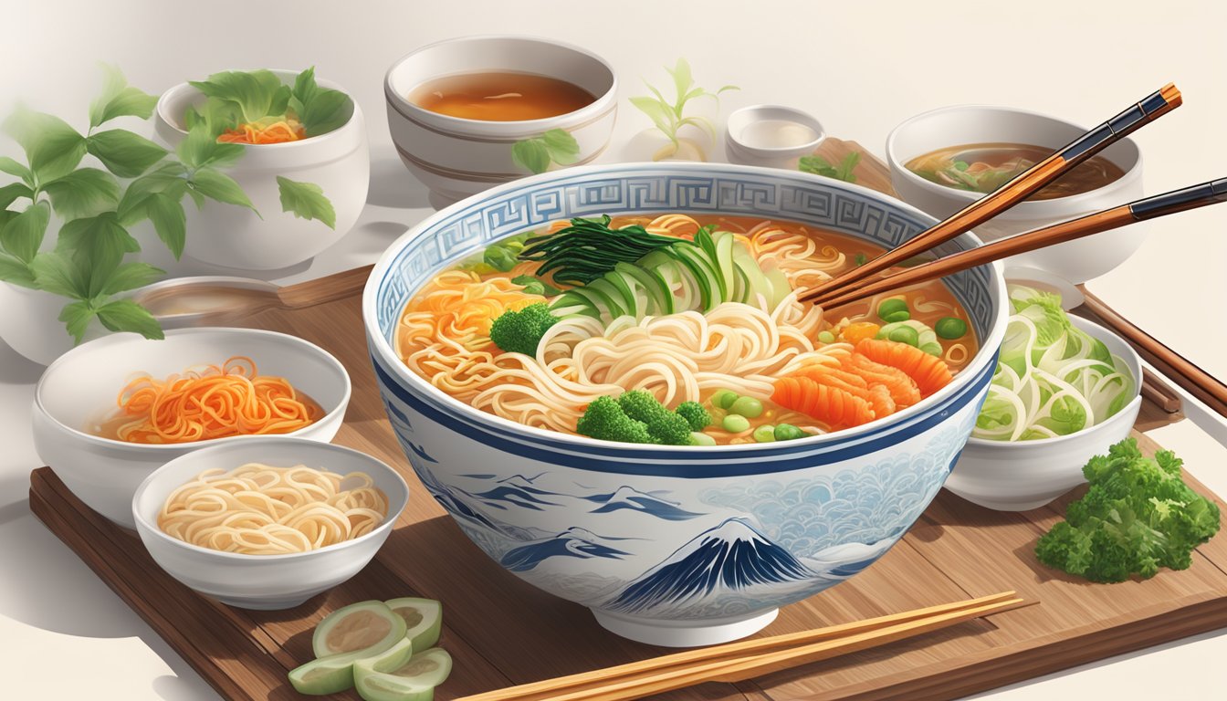 A steaming bowl of Nongshim Shin Ramyun noodle soup surrounded by vibrant, fresh ingredients and a pair of chopsticks