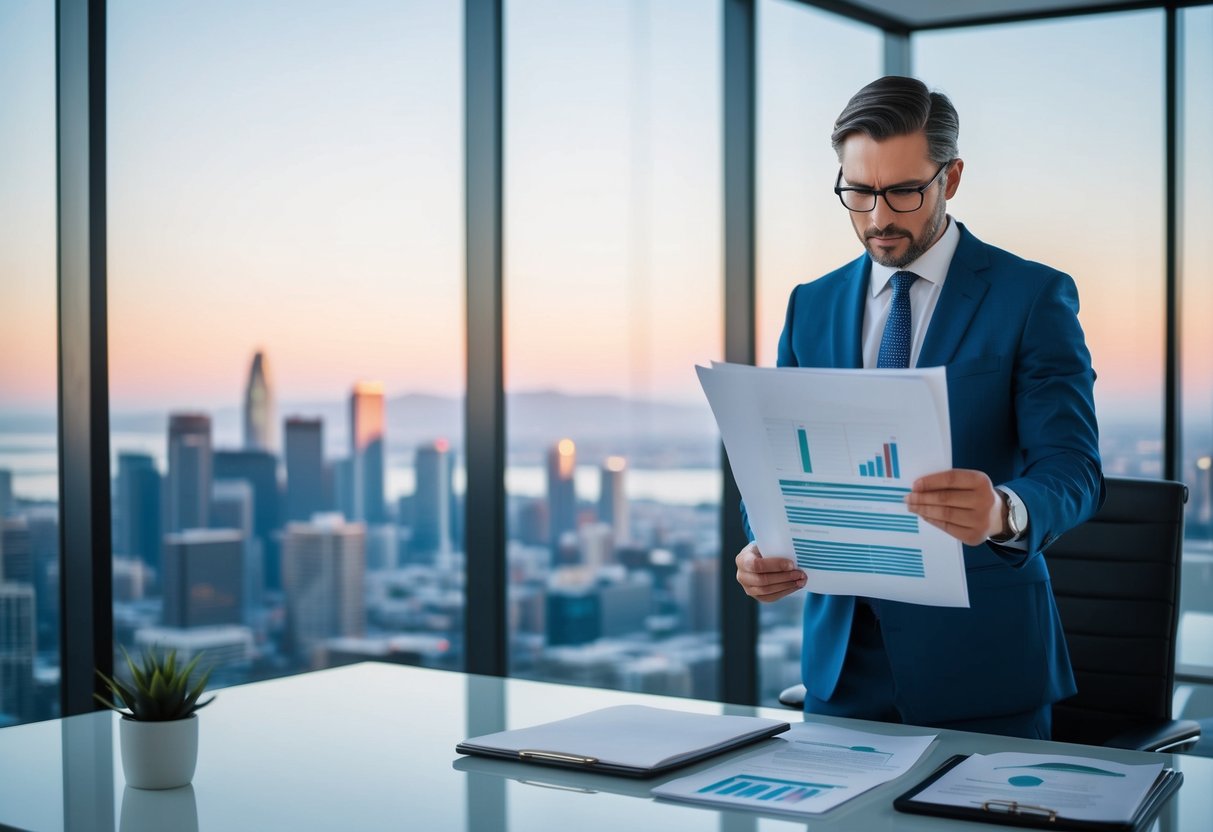 A commercial real estate appraiser reviewing California regulatory guidelines in a modern office with a view of the city skyline