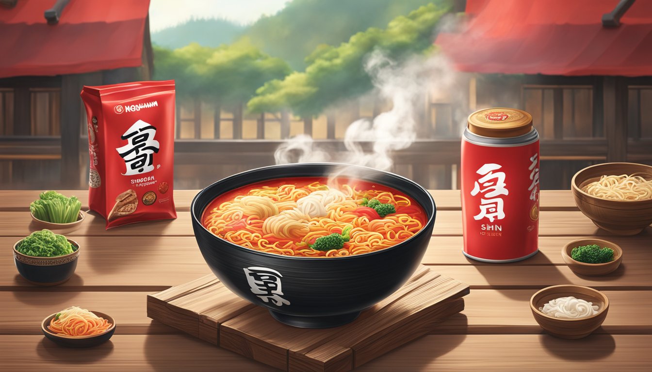 A steaming bowl of Nongshim Shin Ramyun sits on a rustic wooden table, surrounded by vibrant red packaging and branding