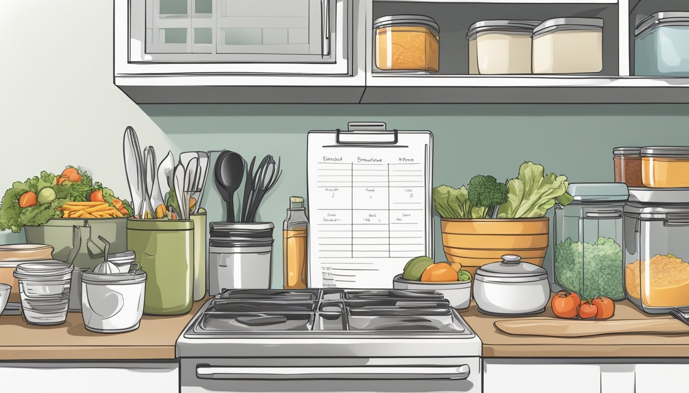 A cluttered kitchen counter with prepped containers of food, a meal planner, and a busy professional's schedule