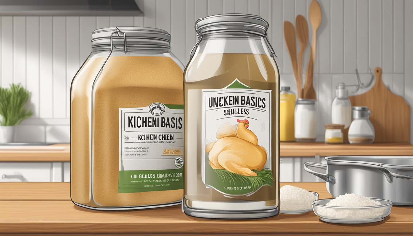 A clear, glass bottle of unsalted chicken stock sits on a wooden kitchen counter, with a label reading "kitchen basics unsalted chicken stock."