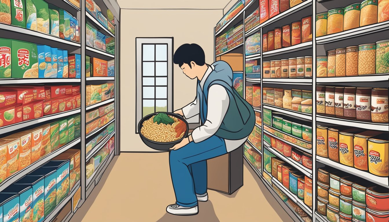 A person placing a carton of Nongshim Shin Ramyun noodle soup into a pantry stocked with other instant noodle varieties