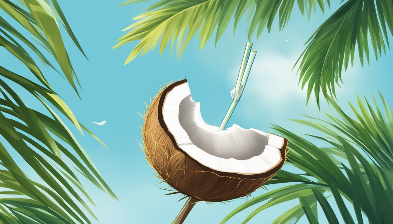 A single coconut with a straw piercing its top, surrounded by lush green palm leaves and a clear blue sky in the background