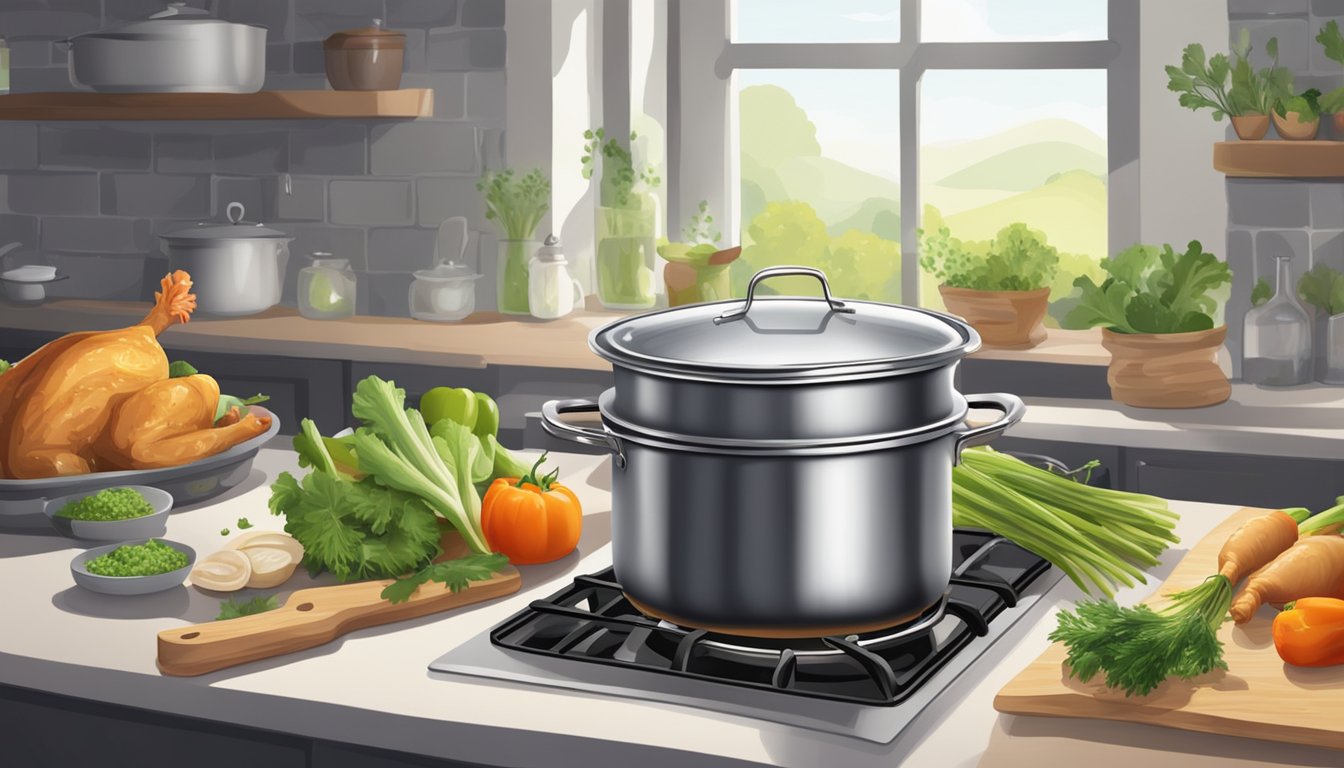 A pot of unsalted chicken stock simmering on a stove with fresh vegetables and herbs nearby