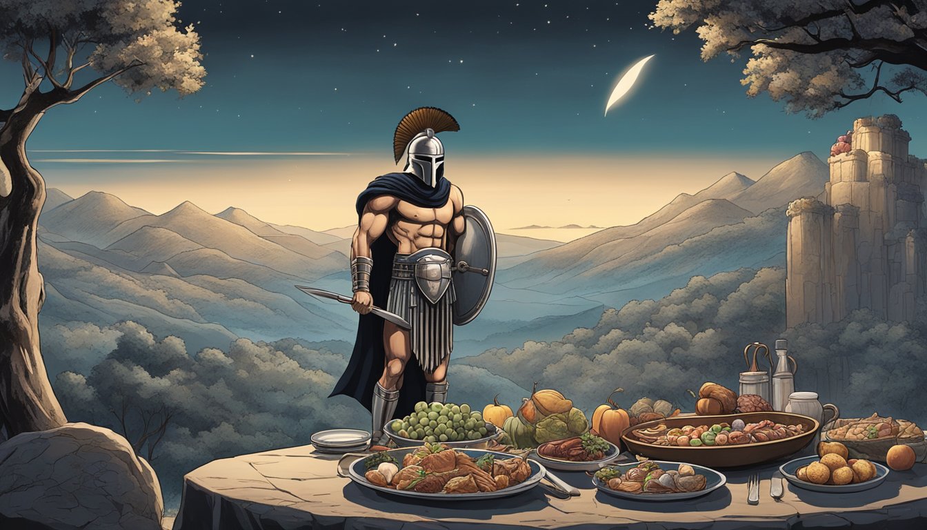 A Spartan warrior stands tall, fasting in the moonlight, while feasting is depicted by a bountiful table with meats and fruits