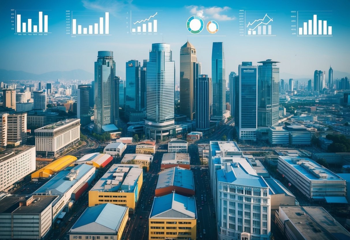 A bustling city skyline with various commercial buildings and a busy market area, surrounded by graphs and charts representing economic factors