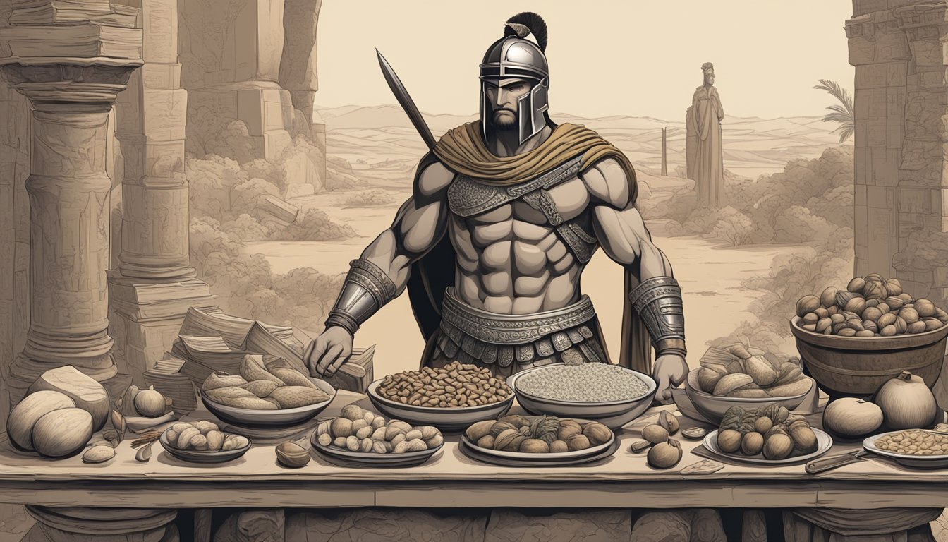 A Spartan warrior stands with a simple meal of fruits, nuts, and a small portion of meat, surrounded by ancient texts on fasting and nutrition