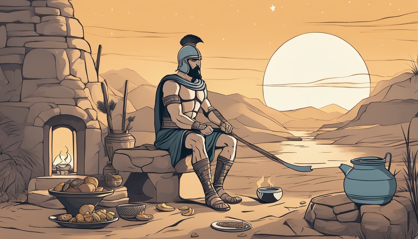 A Spartan warrior sits by a fire, surrounded by simple foods and a water jug. The moon shines overhead as he prepares for a period of fasting