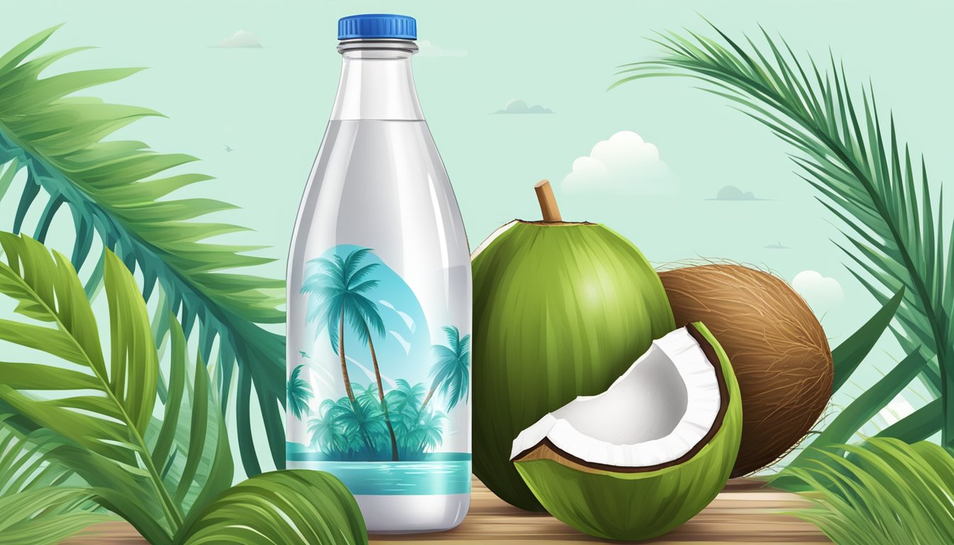 A refreshing coconut water bottle surrounded by fresh coconuts and palm leaves