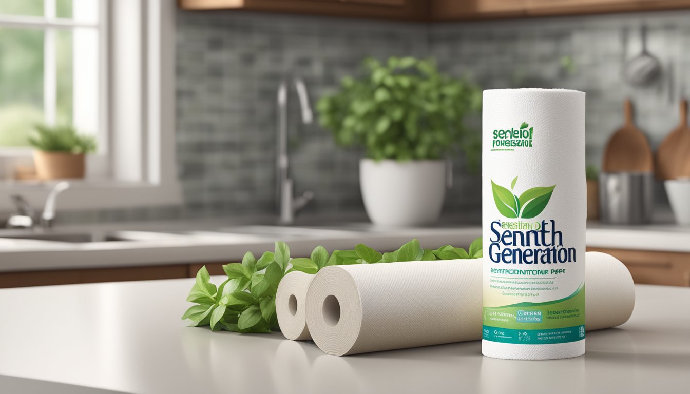 A roll of Seventh Generation unbleached paper towels on a kitchen countertop, next to a glass of water and a potted plant