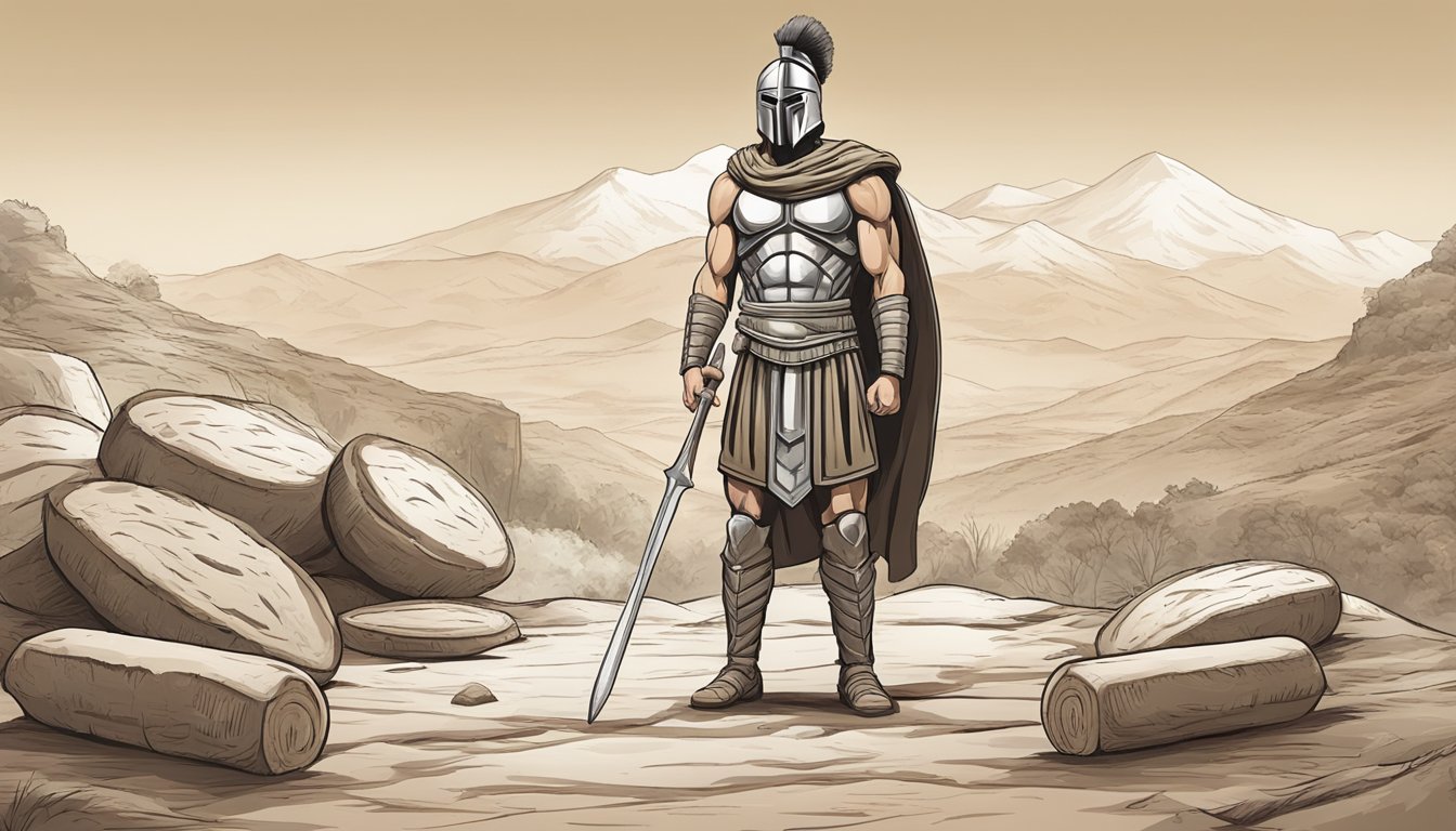 A Spartan warrior standing in front of a simple meal of bread and water, with a focused and determined expression on his face