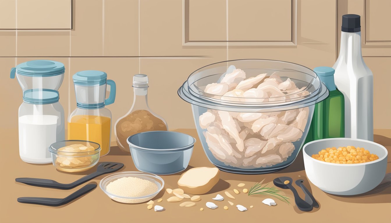 A kitchen countertop with a clear, plastic container of unsalted chicken stock surrounded by various cooking utensils and ingredients