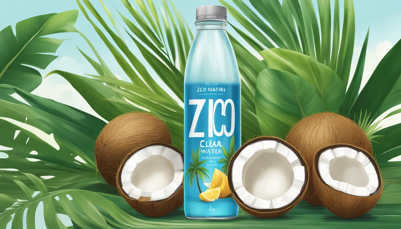 A clear glass filled with Zico Natural 100 Coconut Water, surrounded by fresh coconuts and tropical foliage