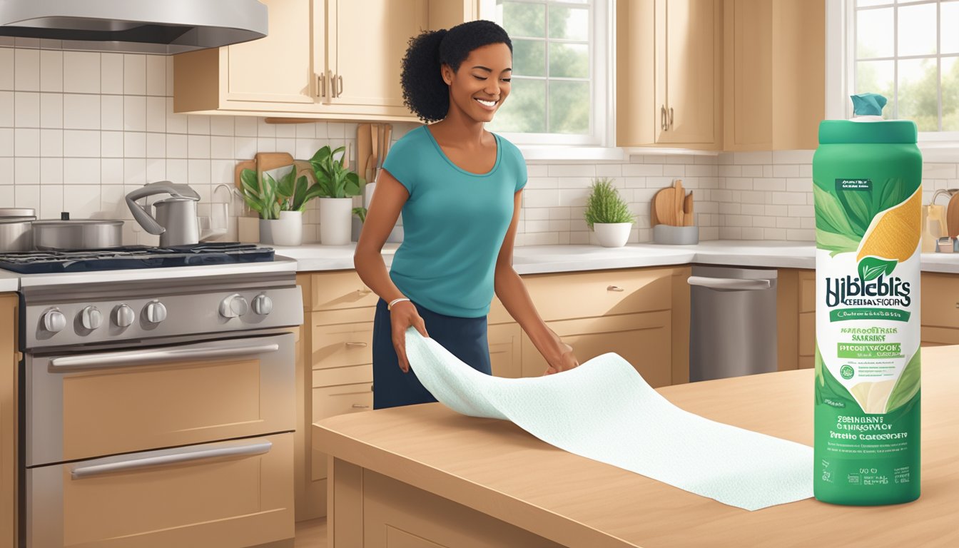 A kitchen counter with a roll of Seventh Generation unbleached paper towels, a spill, and a person reaching for a towel to clean it up