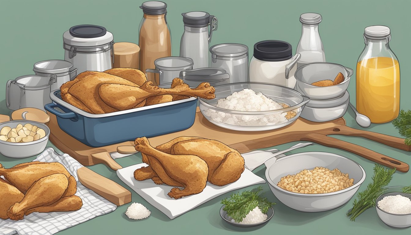 A kitchen counter with a container of unsalted chicken stock surrounded by various cooking utensils and ingredients