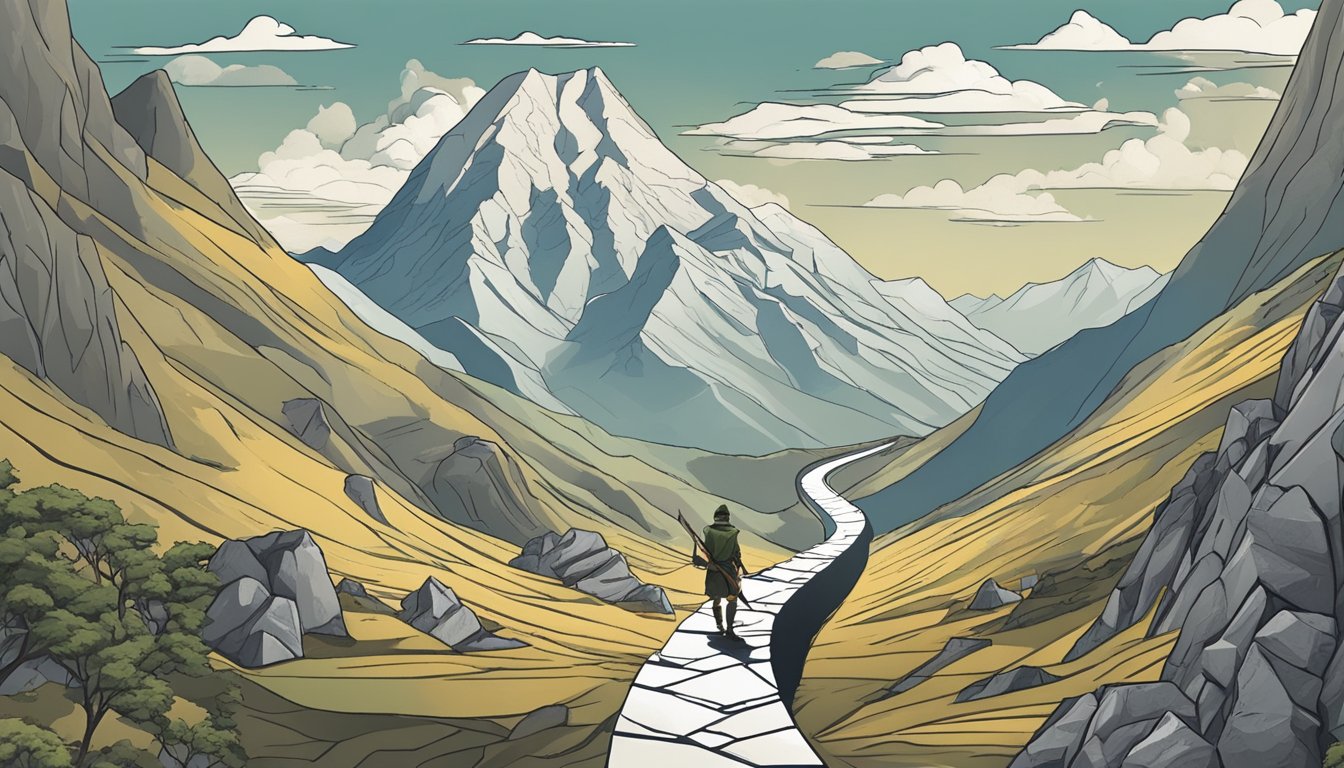 A warrior diet journey depicted through a broken scale, a winding path, and a mountain peak in the distance