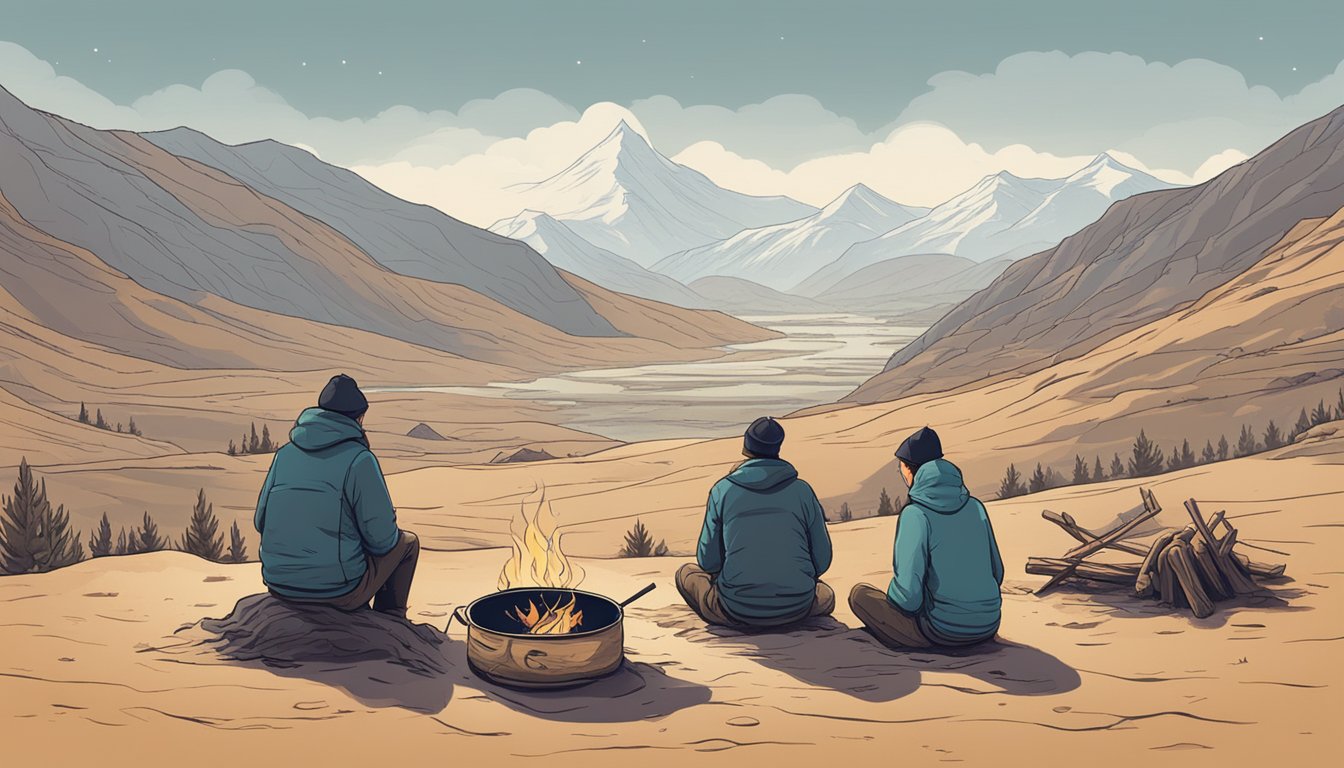 A lone figure sits beside a sparse campfire, surrounded by rugged terrain. They hold a simple bowl of broth, their gaze fixed on the distant horizon