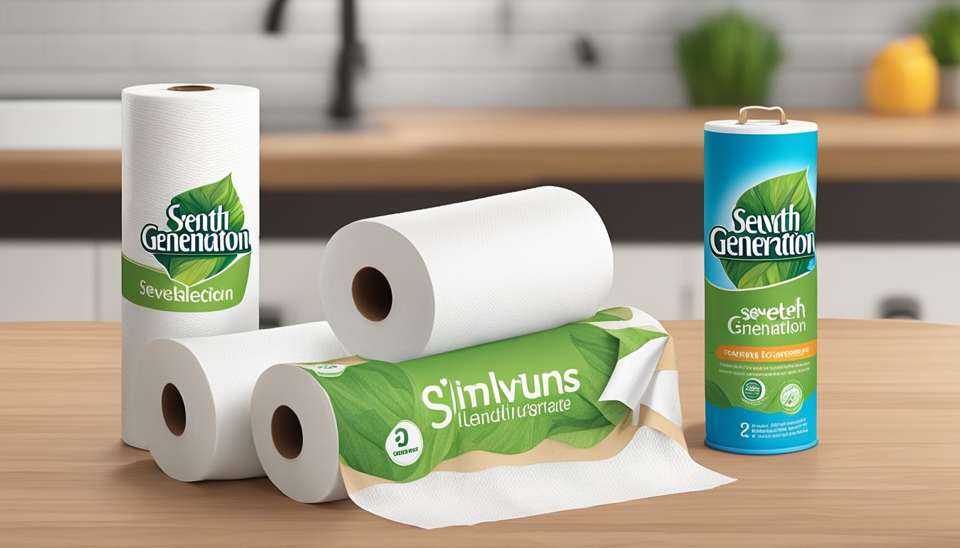 A roll of Seventh Generation unbleached paper towels next to a traditional paper towel roll, with a spill being cleaned up in the background