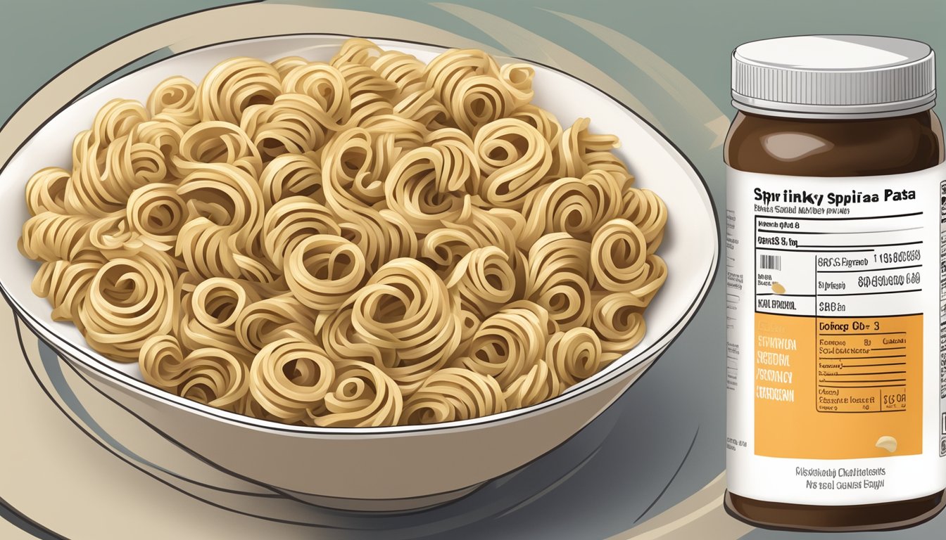 A bowl of cooked tinkyada brown rice pasta spirals with a nutrition label next to it