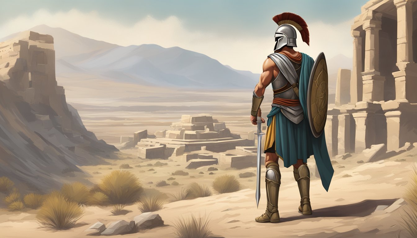 A Spartan warrior stands in a barren landscape, surrounded by ancient ruins and holding a simple meal of bread and water