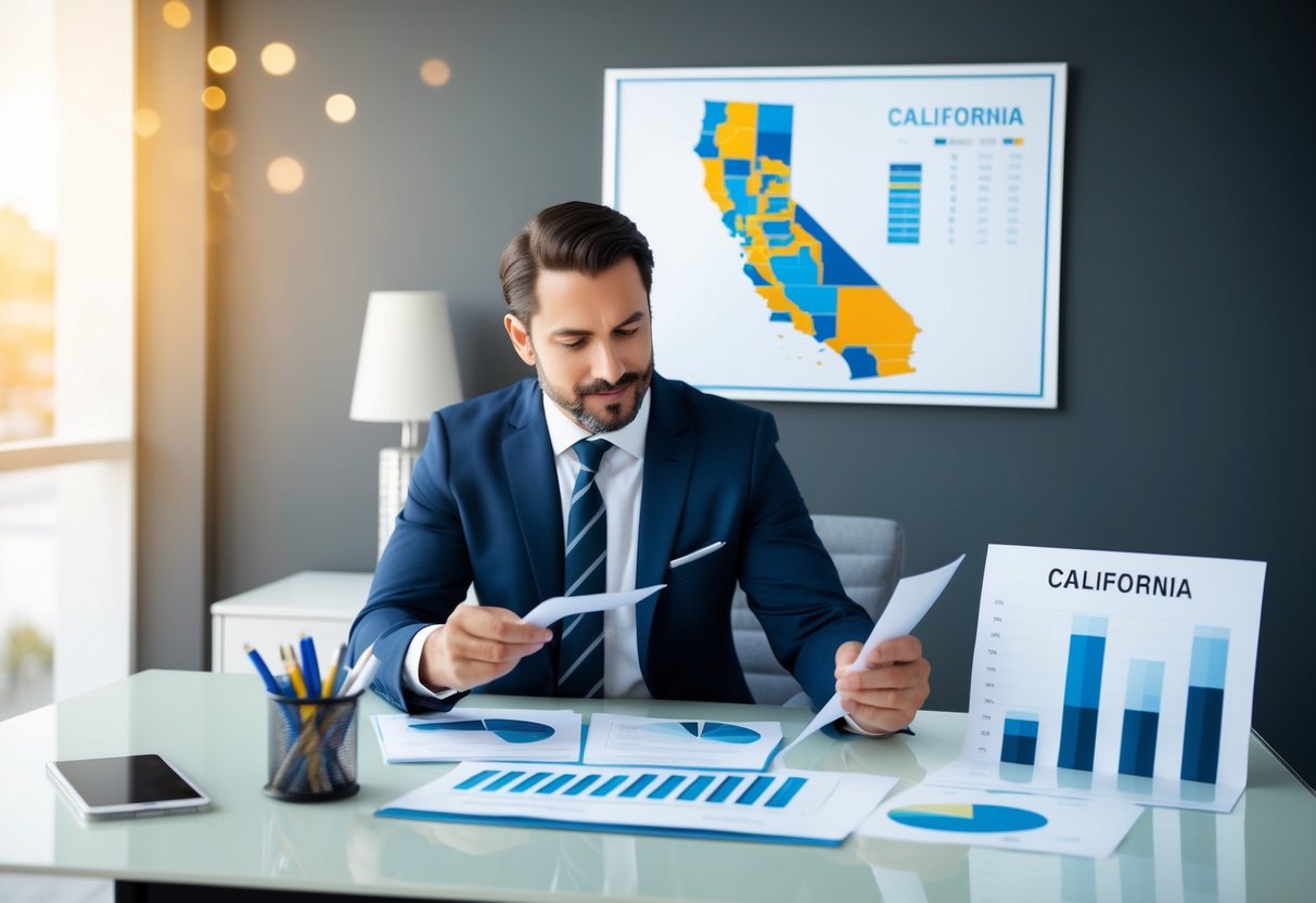 A real estate agent comparing sales data, with charts and graphs on a desk, a California map on the wall