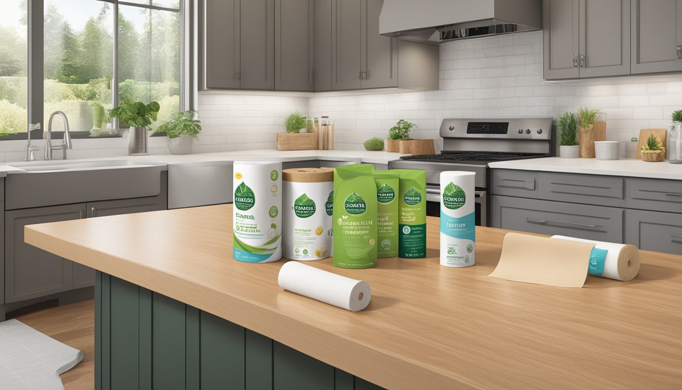 A kitchen counter with a roll of Seventh Generation unbleached paper towels, surrounded by various eco-friendly certification logos