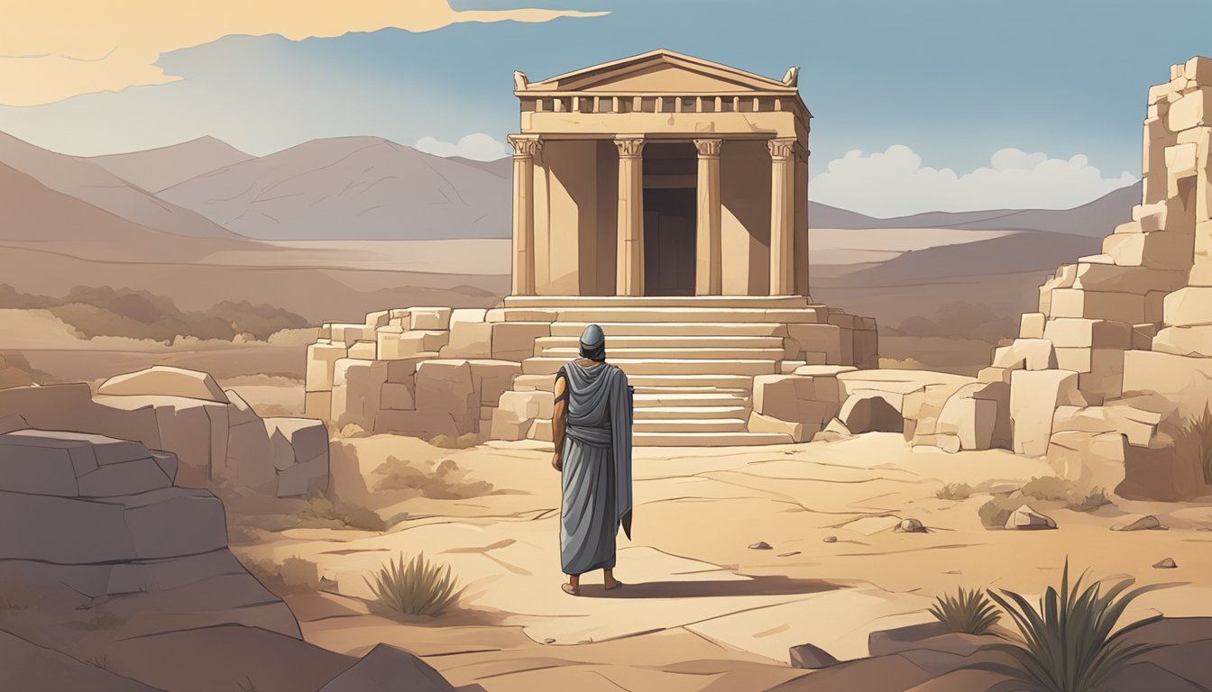 A lone figure stands in a barren landscape, surrounded by ancient Greek ruins. The figure is holding a bowl of simple, nourishing food, evoking the spirit of the Spartan warrior