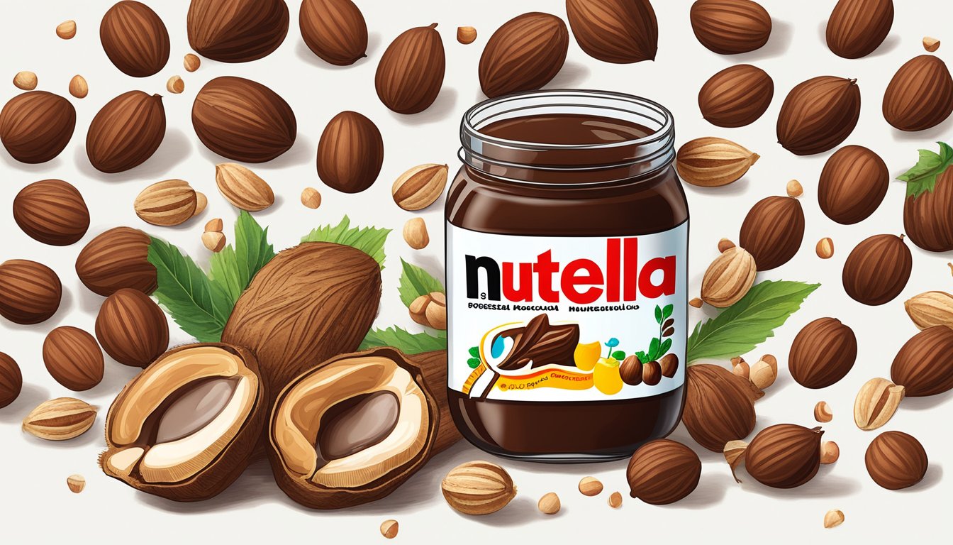 A jar of Nutella surrounded by scattered hazelnuts and cocoa pods