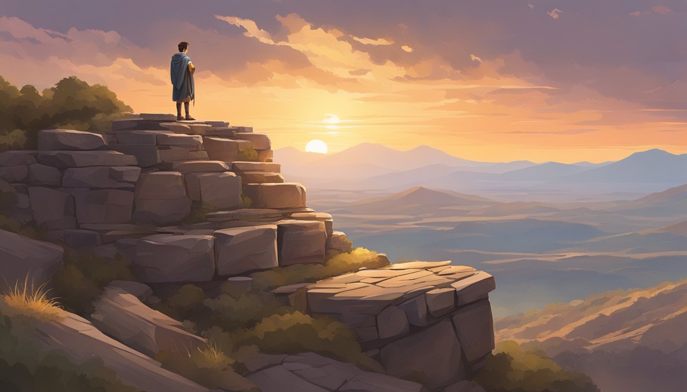 A lone figure stands atop a rocky cliff, overlooking a vast expanse of rugged terrain. The setting sun casts a warm glow on the ancient ruins below, evoking a sense of strength and resilience