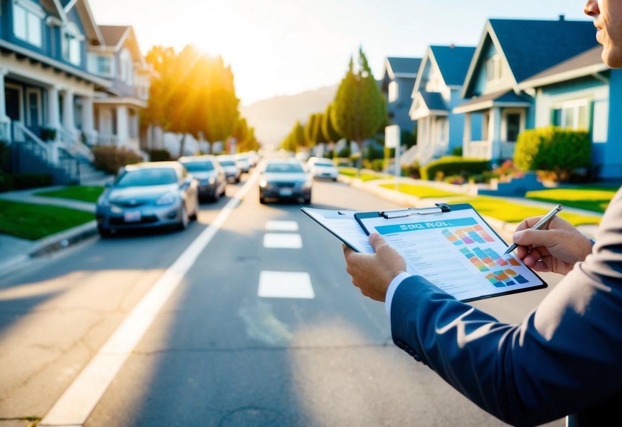 A sunny California street lined with various types of houses, with a real estate agent comparing sold properties and using different methods for valuation