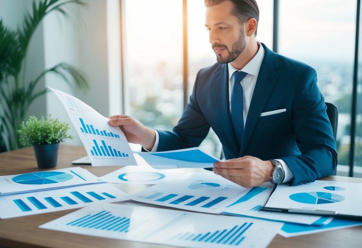 A real estate agent comparing different valuation methods in California, with charts and graphs spread out on a desk