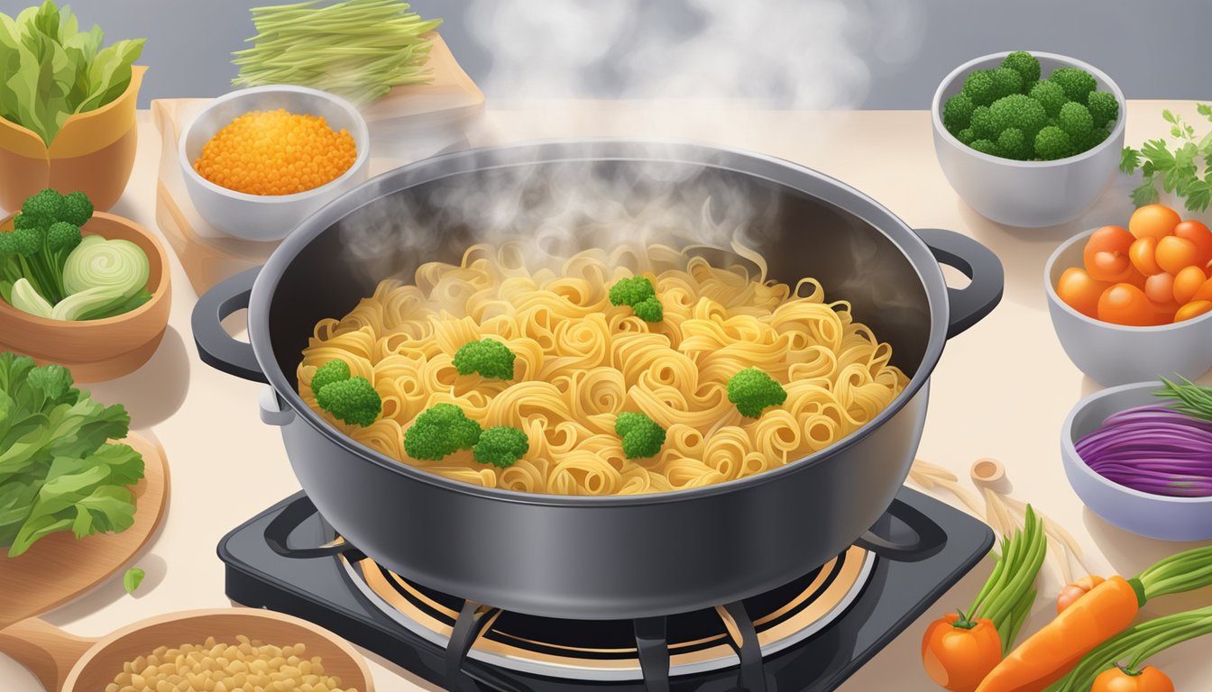 A steaming pot of tinkyada brown rice pasta spirals cooking on a stove, surrounded by colorful vegetables and herbs