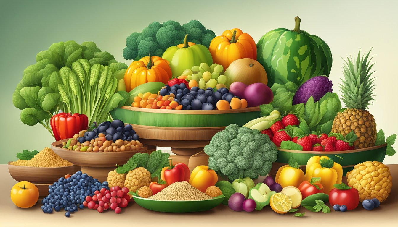 A bountiful table of colorful, nutrient-rich fruits, vegetables, grains, and legumes, arranged in an inviting and appetizing display